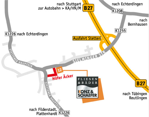 &Uuml;bersichtskarte von der B 27 bis zu Konz & Schaefer in H&ouml;fer &Auml;cker 12, Leinfelden-Echterdingen, Ortsteil Stetten